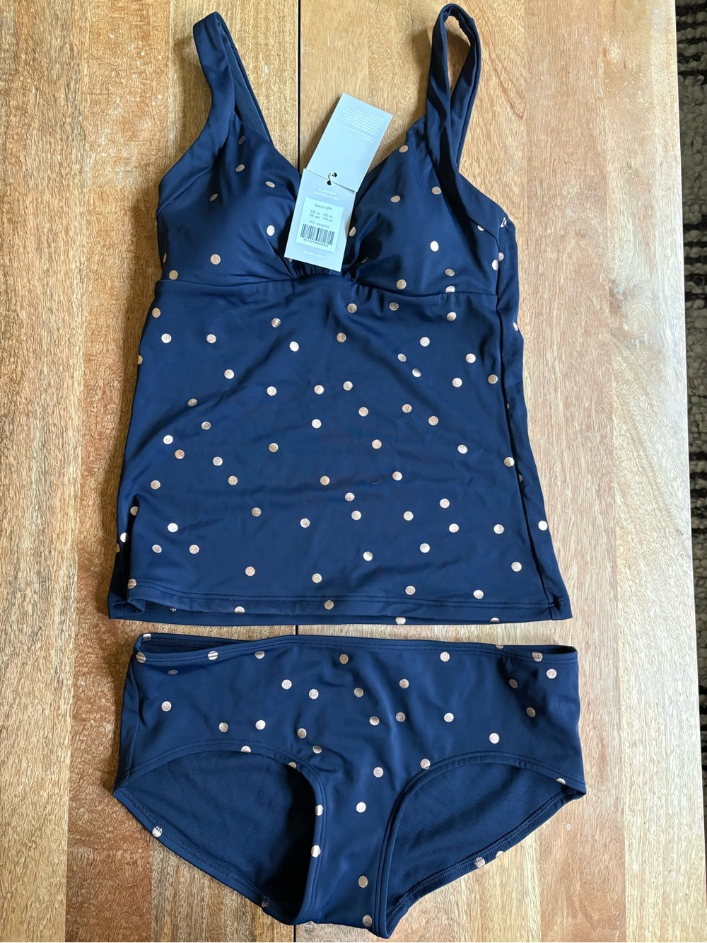 Boden Navy Swim Top with Rose Gold Polka Dots nwt